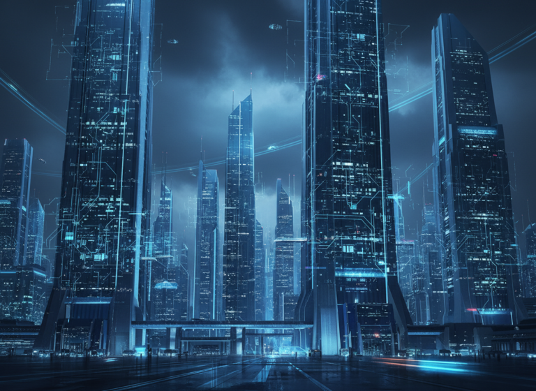 Digital network over a city skyline